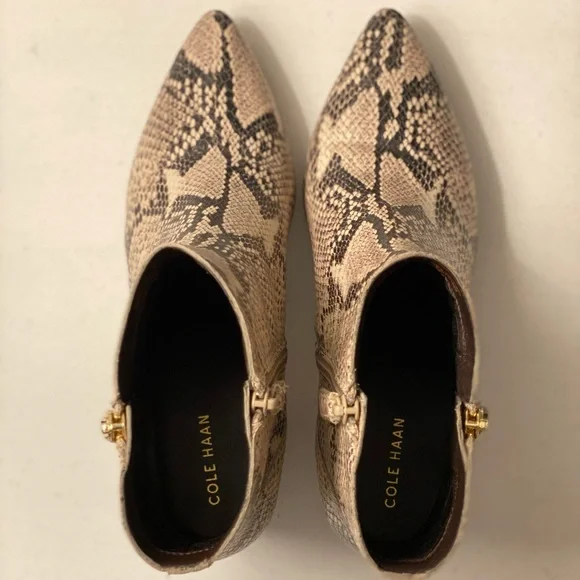 Size 9 Cole Haan sightly textured snake skin booties with gold accents. - Picture 5 of 6